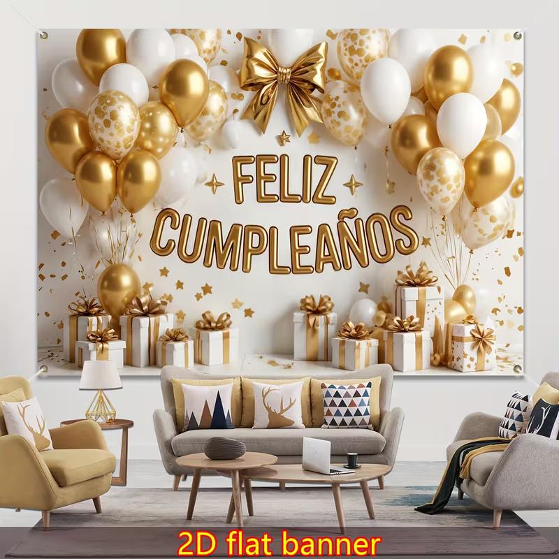2D Feliz Cumpleaños Backdrop, Gold White Balloon & Gift Box Spanish Birthday Background Cloth
