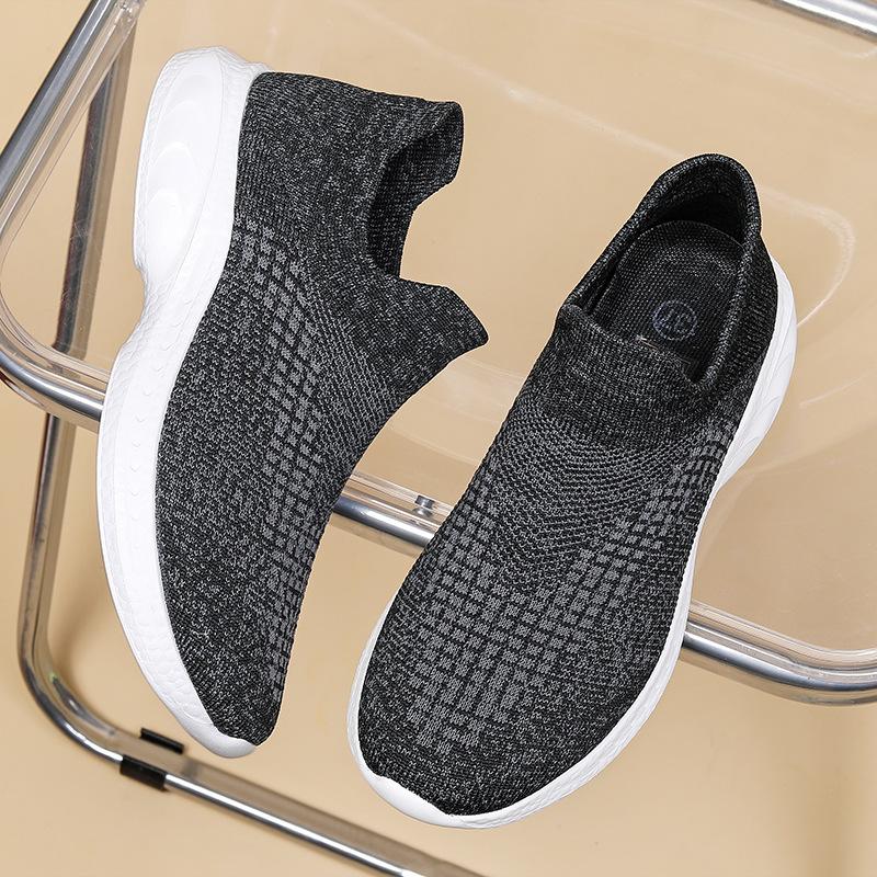 Large Size Fly-woven Lightweight Men's Shoes One-pedal Sports Shoes Casual Large Size Knitted Socks Shoes Soft Sole Dad Black Shoes