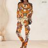Women Plus Size Round Neck Long Sleeve Printed Cartoon Bear Pumpkin Two Piece Pants Set