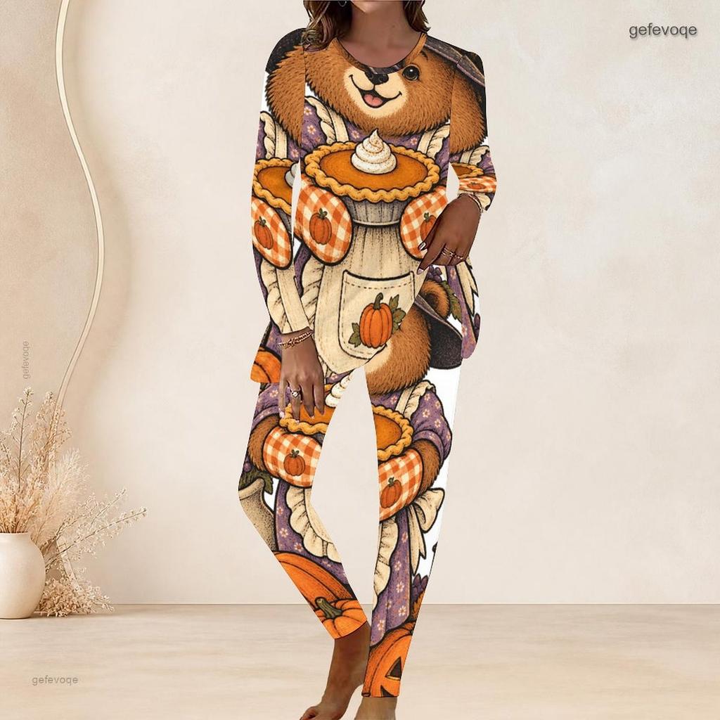 Women Plus Size Round Neck Long Sleeve Printed Cartoon Bear Pumpkin Two Piece Pants Set