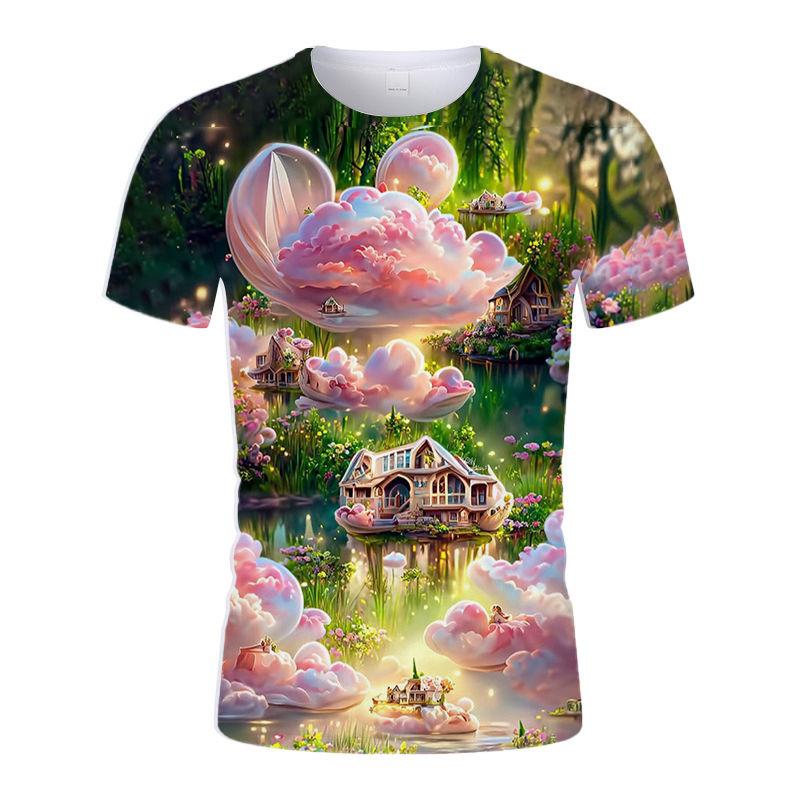 Summer New Rose Castle Colors Beautiful Personality Youth Trend 3D Digital Printing Round Neck Shirt Short Sleeve T-shirt