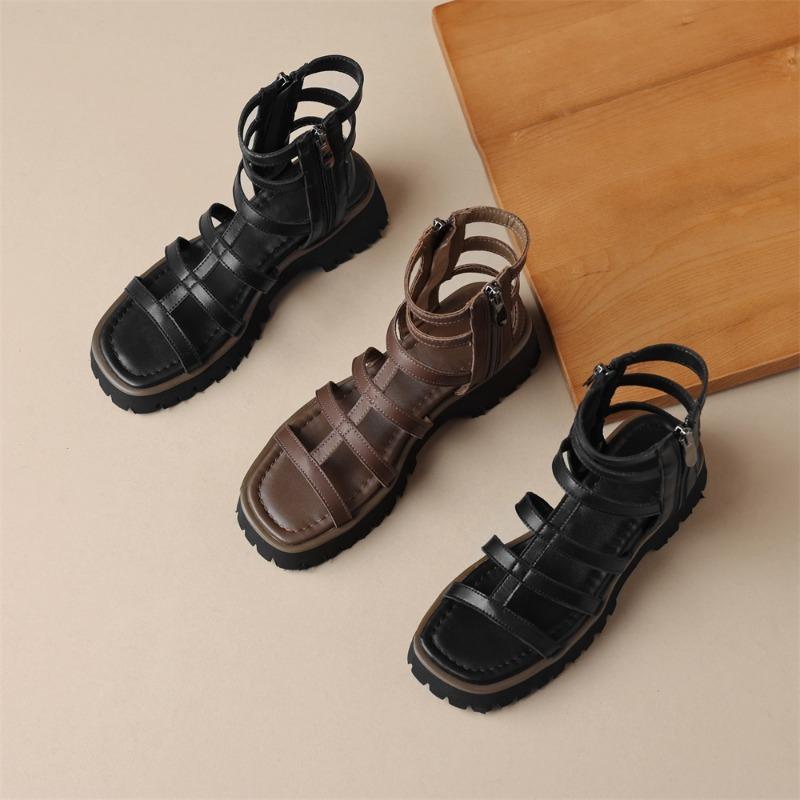 Taoffen Neu Echtes Kuh Leder Sandalen Für Frauen Block Mid Heels Frauen Roma Sandalen Offene spitze Retro Zipper Ankle Strap