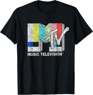 MTV Classic Fit Black T-Shirt - Vintage TV Signal Logo, 100% Cotton, Adult Short Sleeve