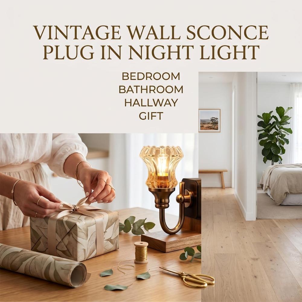 Wandleuchte im Retro-Stil, Steck-Nachtlicht, USB-betrieben, mit Schalter, Glaslampenschirm in Warmlicht, Wandleuchte im Landhausstil.