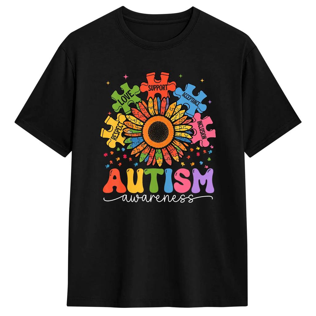 Sunflower Puzzle Respect Love Support Autism T Shirt For Couple Summer T Shirts O Neck Fashion Tees Plus Size Wholesale Clothing