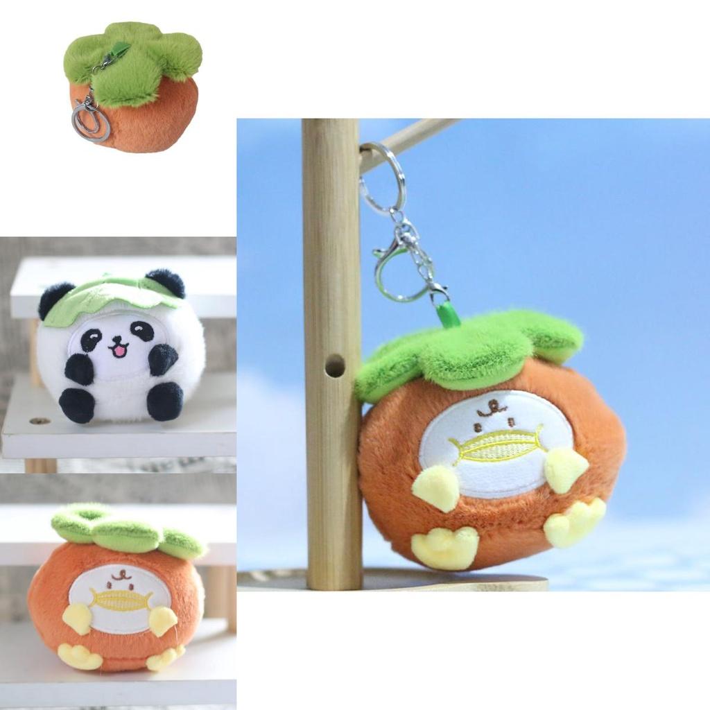 Cute Panda Plush Toy Keychain Short Plush 11cm Height Panda And Persimmon Design
