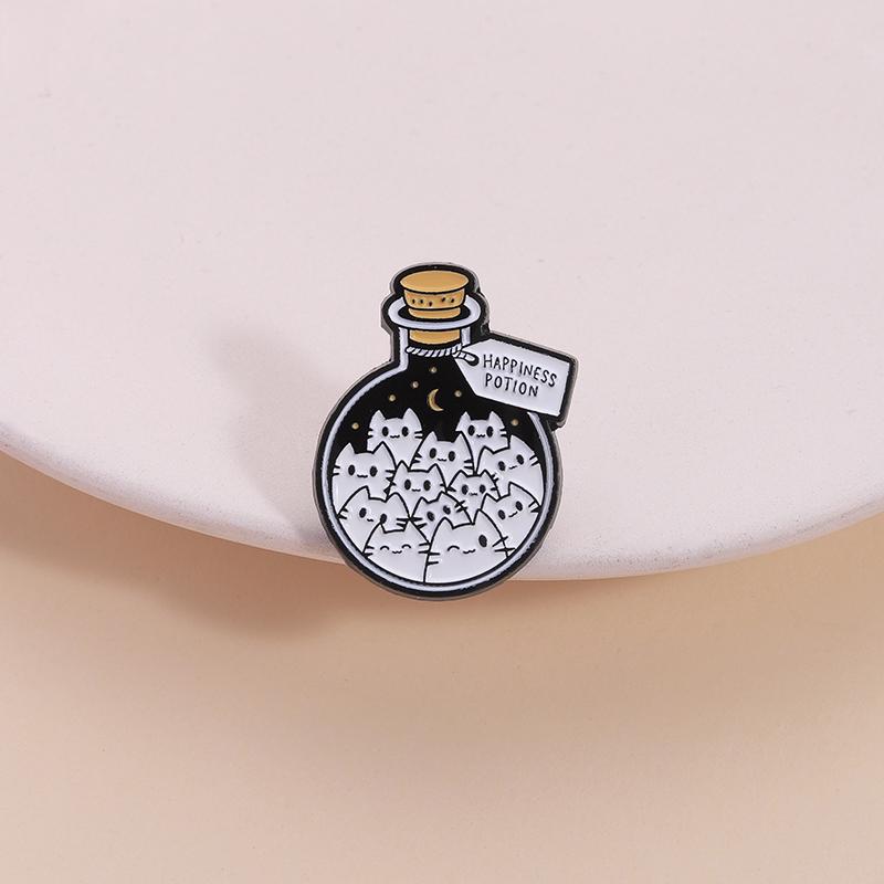 Cartoon Cat Happiness Potion Enamel Pin, Cat Lover Metal Brooch, Lapel Backpack Badge, Creative Jewelry Gift