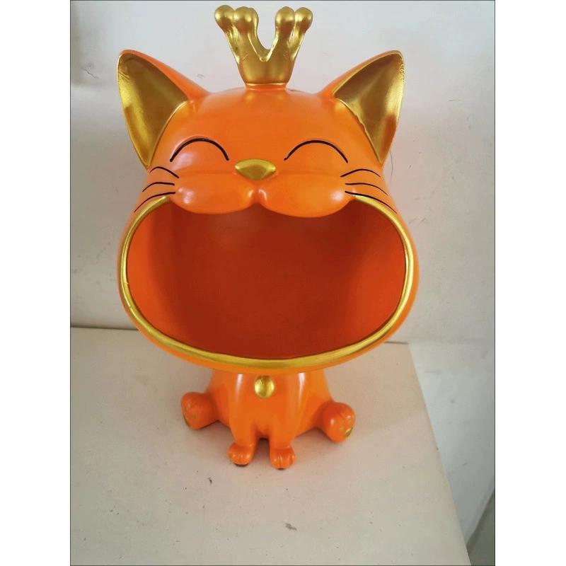 1ks Pryskyřičná soška smějící se kočky se čtyřlístkem, s široce otevřenou tlamou, dekorativní úložný box na klíče, roztomilý stolní organizér, kreativní kočičí figurka pro domácí dekoraci