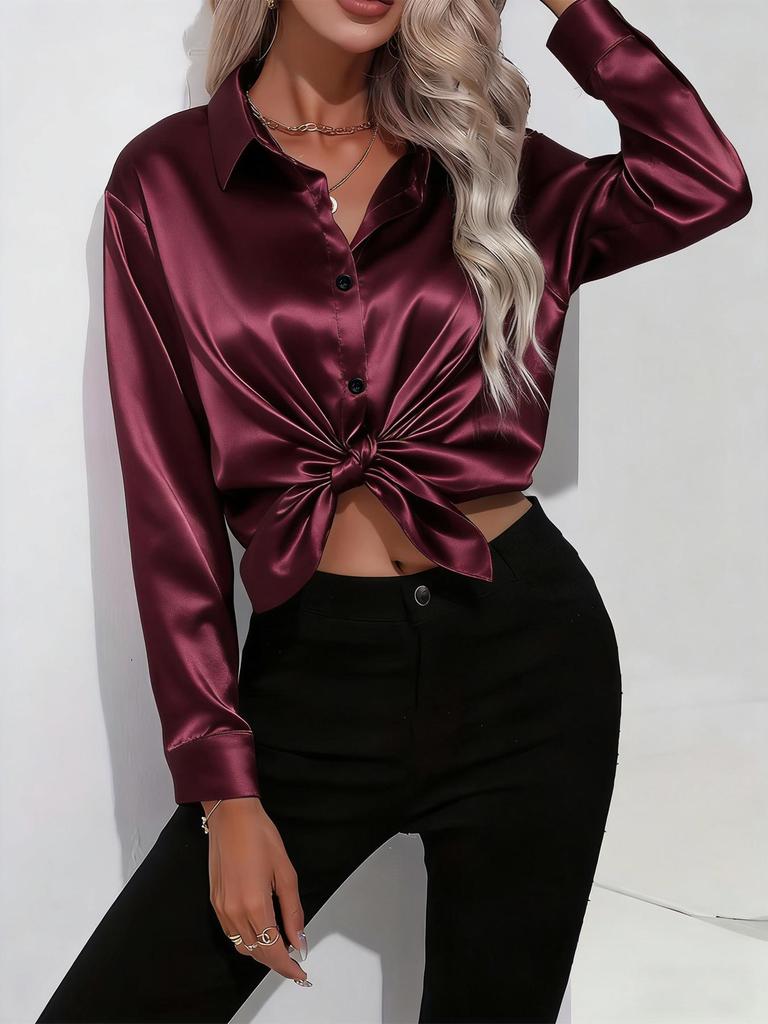 Chemise Satinée Brillante Élégante à Manches Longues pour Femme – Polyvalente pour le Printemps, l'Automne et Toutes les Saisons