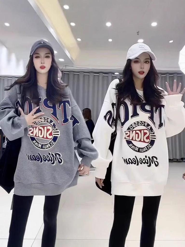 Trendy Retro Print Oversize Round Neck Winter Hoodie for Women