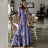 Elegant Vacation Swing Style 2025 New Summer Women V Neck Printed Long Dress