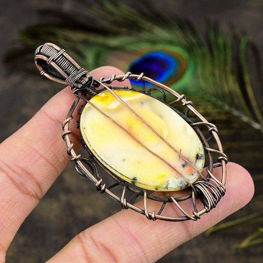 Yellow Dendritic Gemstone Copper Wire Wrap Jewelry Pendant 3.07"