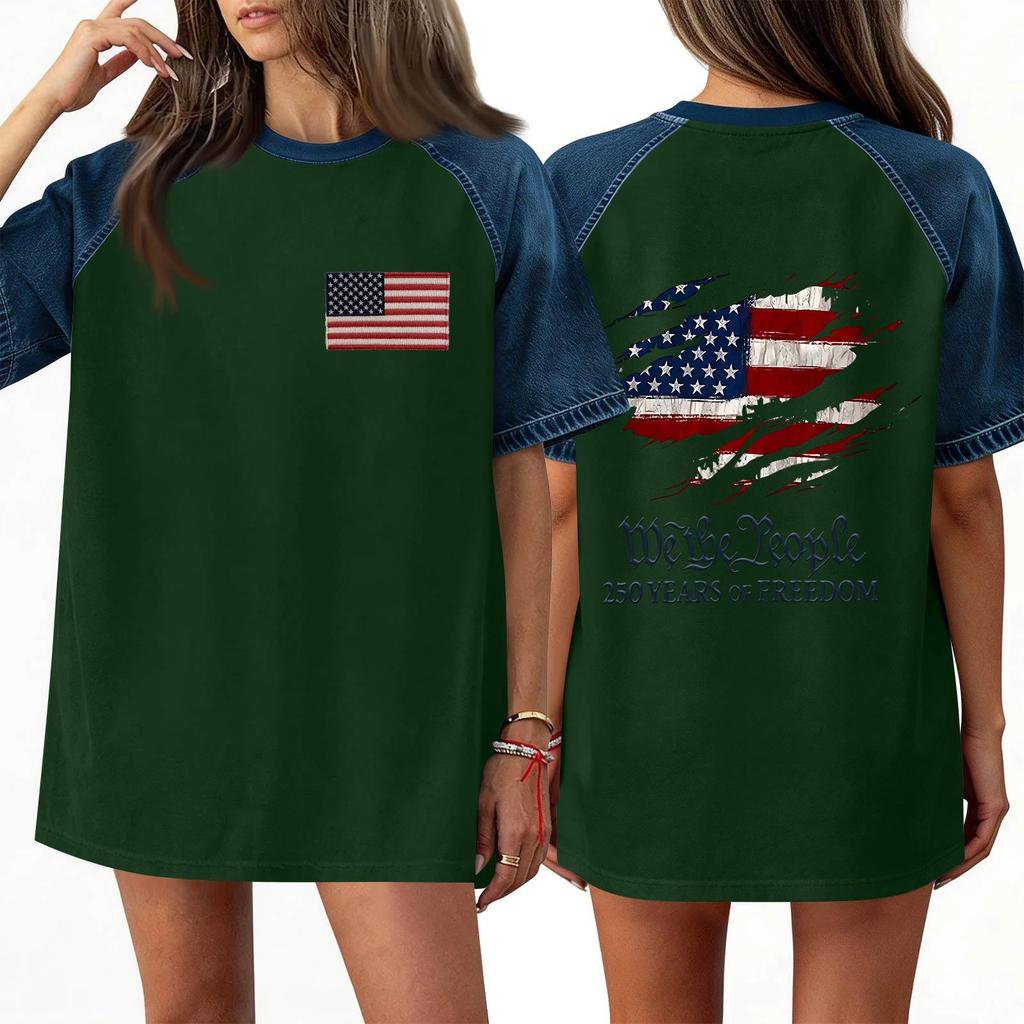Denim Patchwork Shirts For Women Stand Collar Casual Blouse Short Sleeve Comfy Tshirt Spring Summer Fashion