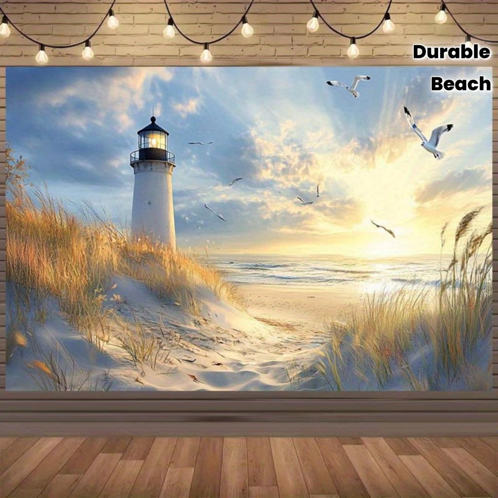 Lighthouse Beach Sunset Seagulls Ocean Waves Coastal Scenery Tapestry Nautical Wall Art Living Room Decor Summer Vibe Background