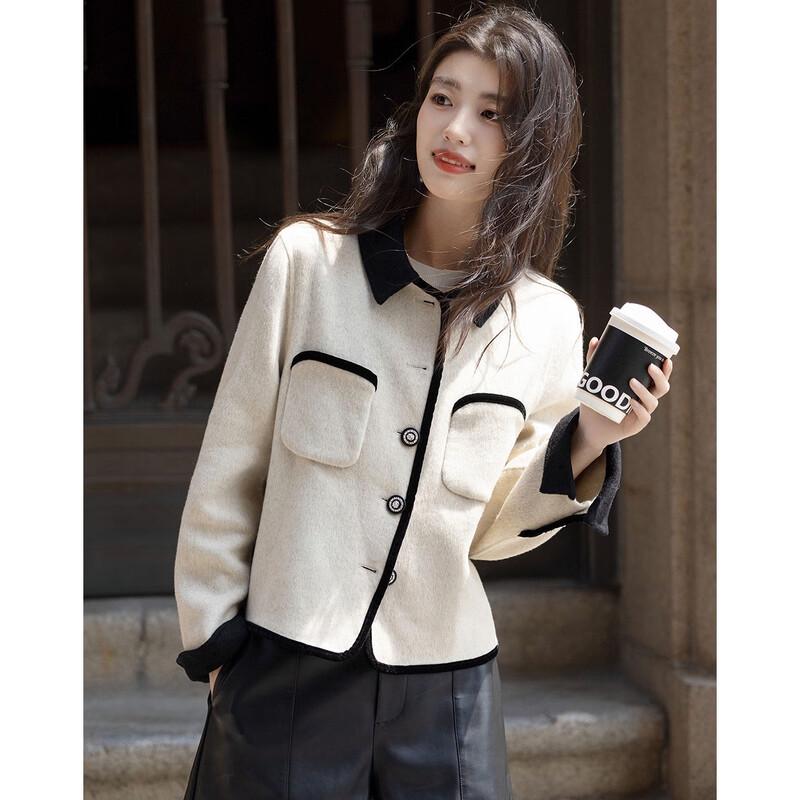 Demana Leichter Luxus Merinowolle Color-Block Spitzes Revers Kurzer Mantel