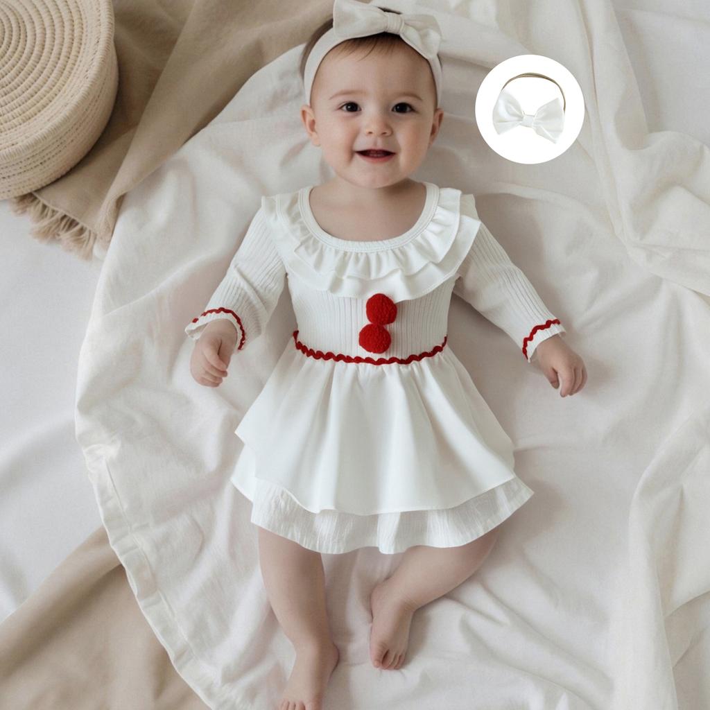 Baby Meisjes Romper met Lange Mouwen Patchwork Bontbal Poppenkraag Jumpsuits en Schattige Hoofdband Set voor Peuters