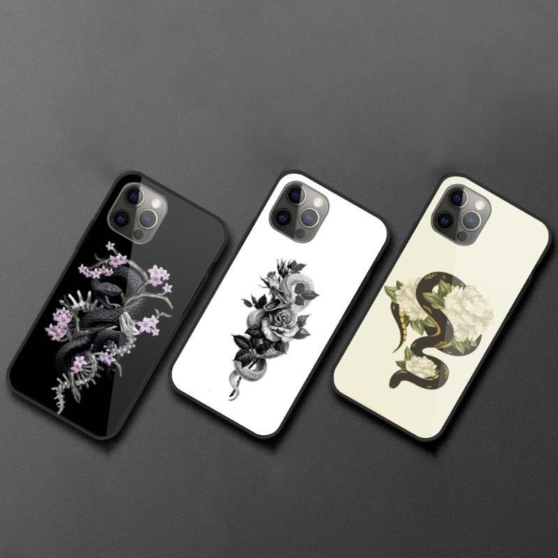 Snake And Flower Phone Case For IPhone 14 13 12 11 XS X 8 7 6 Plus Mini Pro Max SE 2022 Black PC TPU Glass Phone Cover