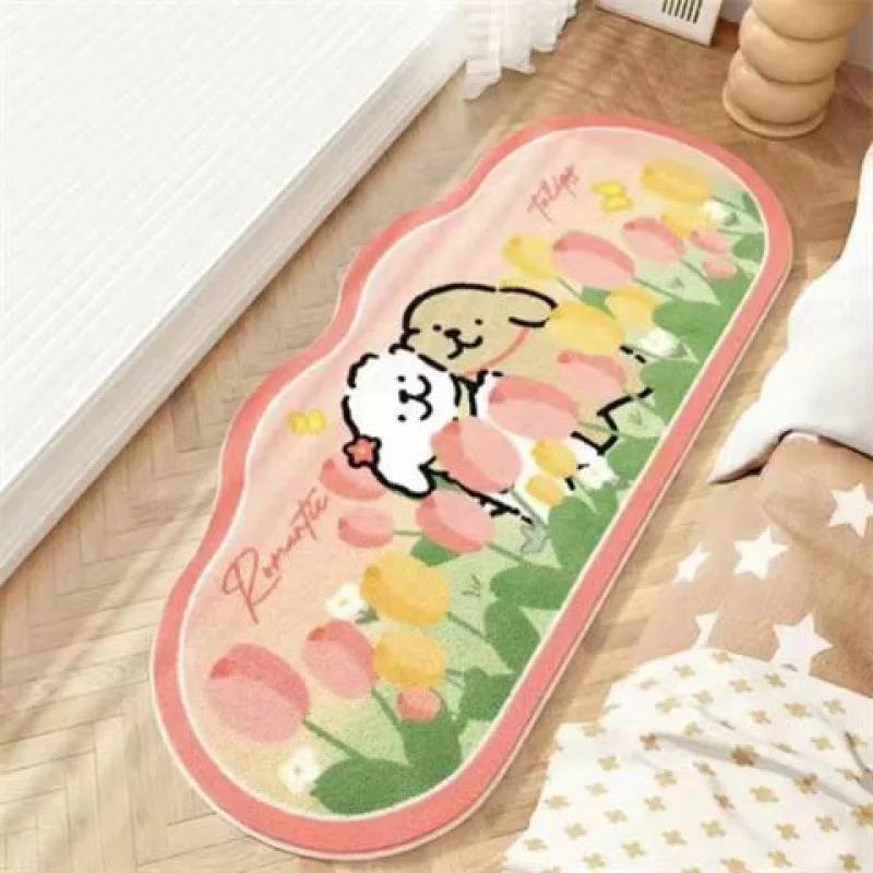 Cute Cartoon Dog Long Bedside Rug, Yellow Floral Puppy Plush Mat, Soft Non-slip Washable Floor Carpet For Bedroom