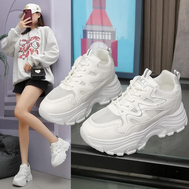 Fashion Hot Selling 2025 Casual Women Thick-soled Sneakers Fashion Spring Autumn  PU Lace-up Vulcanized Shoes Mesh Rubber Non-slip New