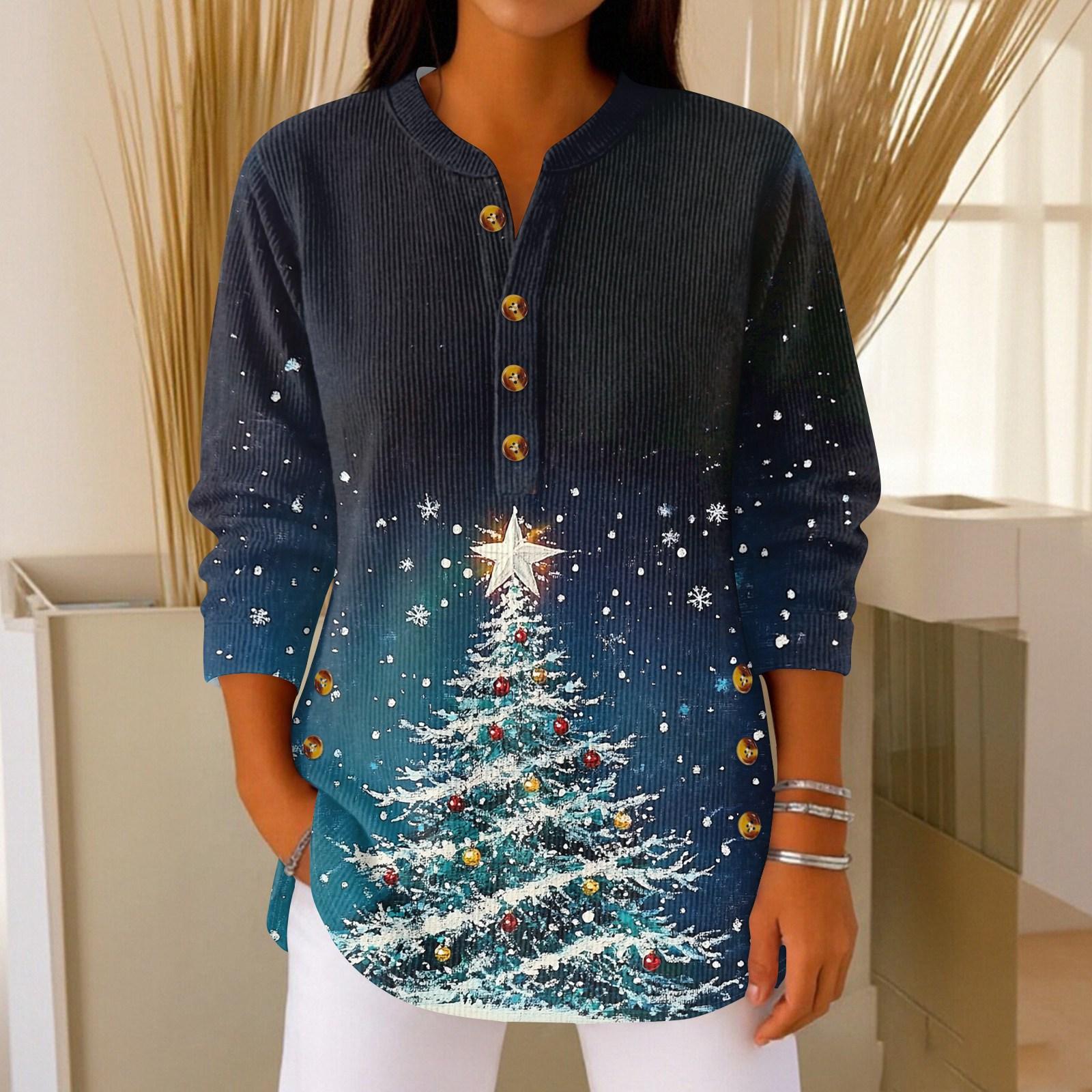 

Women s Fashionable Button Collar Long-sleeved Christmas Print Pullover Top L