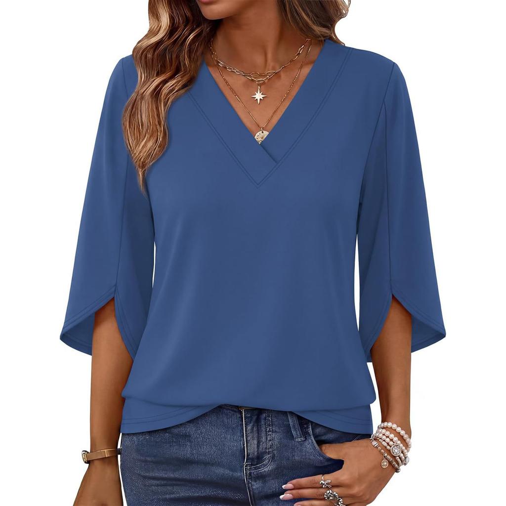 Women V Neck Loose Fit Pullover Top Three Quarter Sleeve Fashion Casual Blouse Lightweight Comfortable Fabric