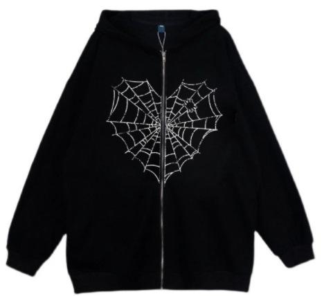 Colored Spider Web Street Hip Hop Gothic Harajuku Y2k Black Zipper Hoodie Women, Harajuku Jacket Sweater Women
