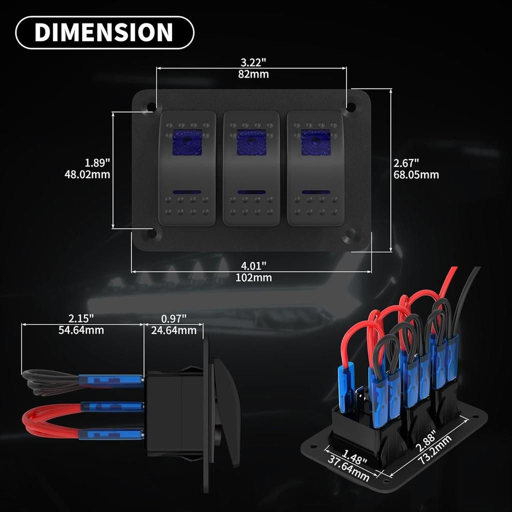 Marine Switch Panel Waterproof 12V 3 Gang Rocker Switch Panel Blue LED for Car Truck Boat RV UTV ATV RZR