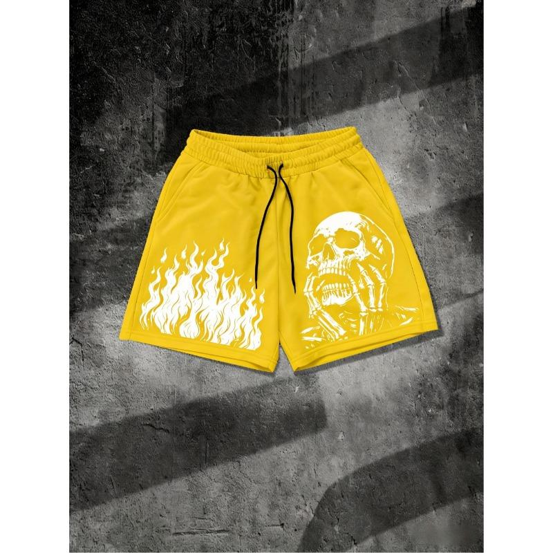 European and American Men's Summer Flame Skull Print Comfortable and Breathable Drawstring Shorts for Outdoor Leisure Vacation