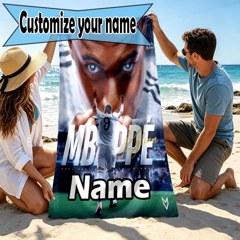 Personalisierbares Strandtuch mit Kylian Mbappe Aufdruck und individuellem Namen, für Reise Camping Strandparty Heimdekoration, Geburtstagsgeschenk für Familie & Freunde