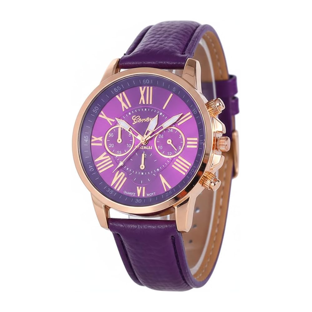 ZooooM Analog Quartz Watch Round Face Purple Faux Leather Strap Chronograph Casual Business Unisex