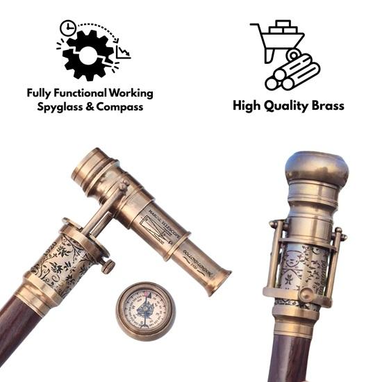 Engraved Brass Walking Cane with Telescope Compass Steampunk Dollond London 1920 Replica Victorian Handmade Cane, Perfect for Gift