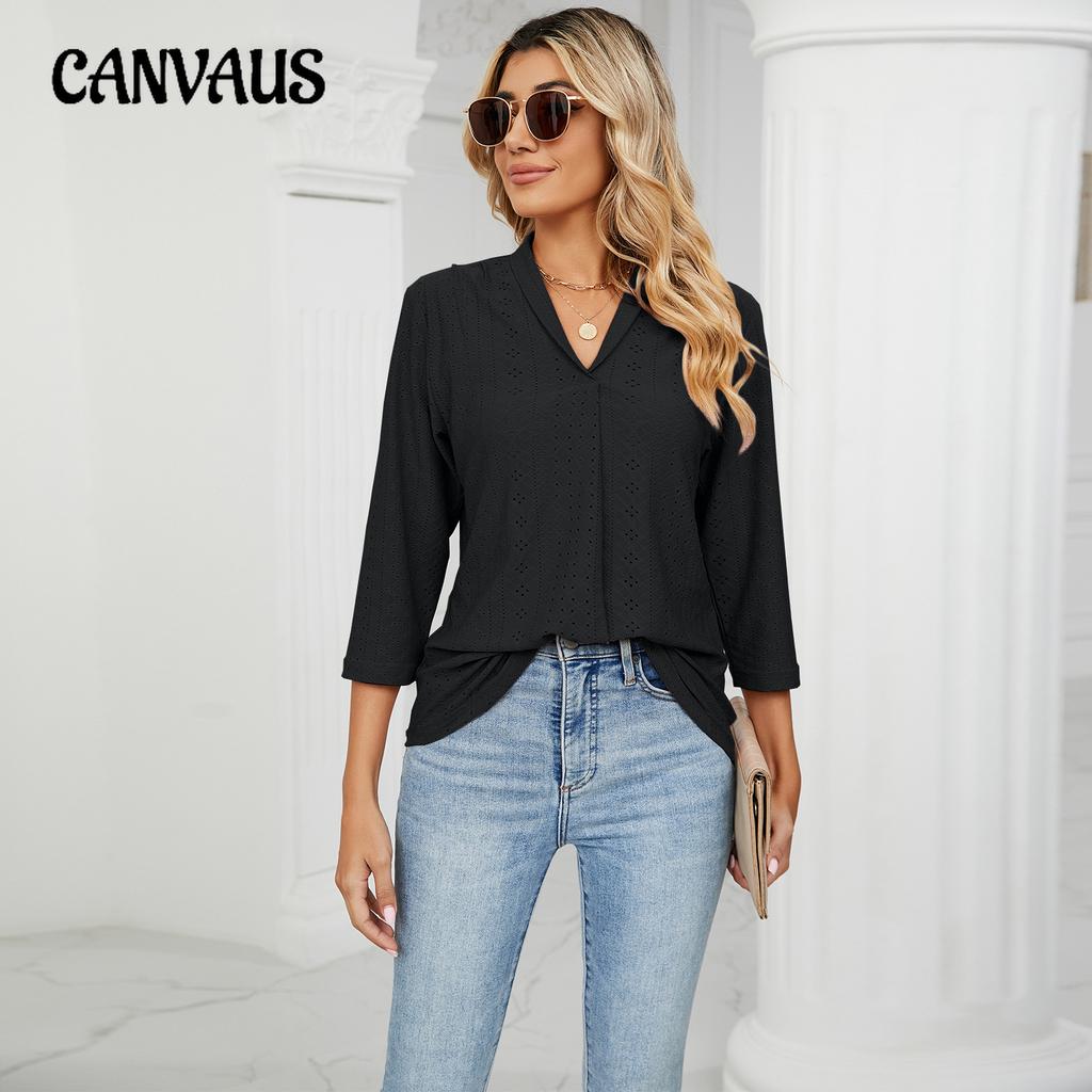 Women's Spring and Autumn Blouse V-neck Jacquard Loose Mid-sleeve Lapel Long-sleeve Tops