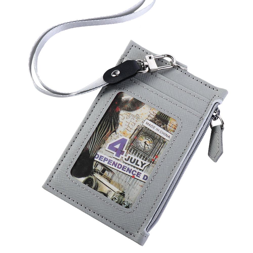 Leather Business Student Office School Supplies Neck Strap Badge Holder ID Card Holder with Lanyard Bus Cards Cover Coin Purse