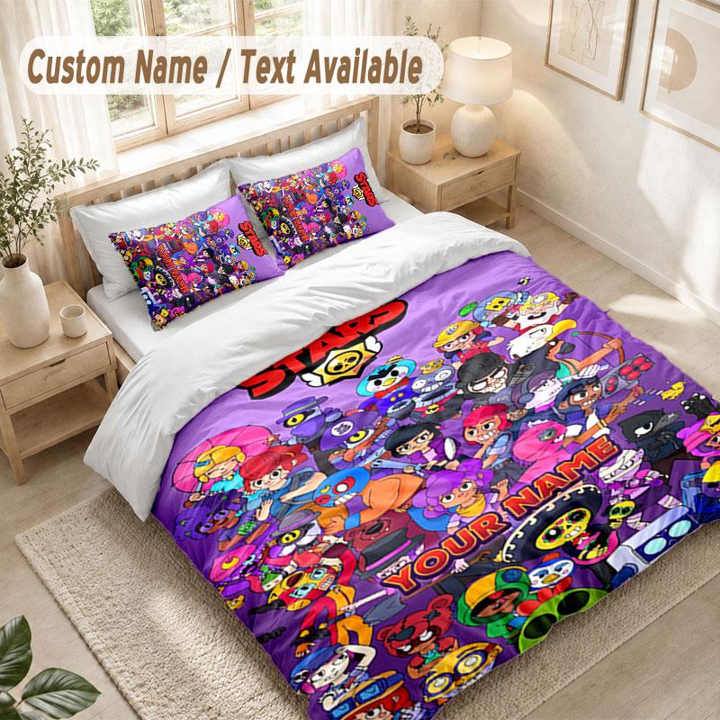 Custom Name Bedding Set 3 PiecesBrawl Stars Print Duvet Cover + 2 Pillowcases Soft Bed Decor