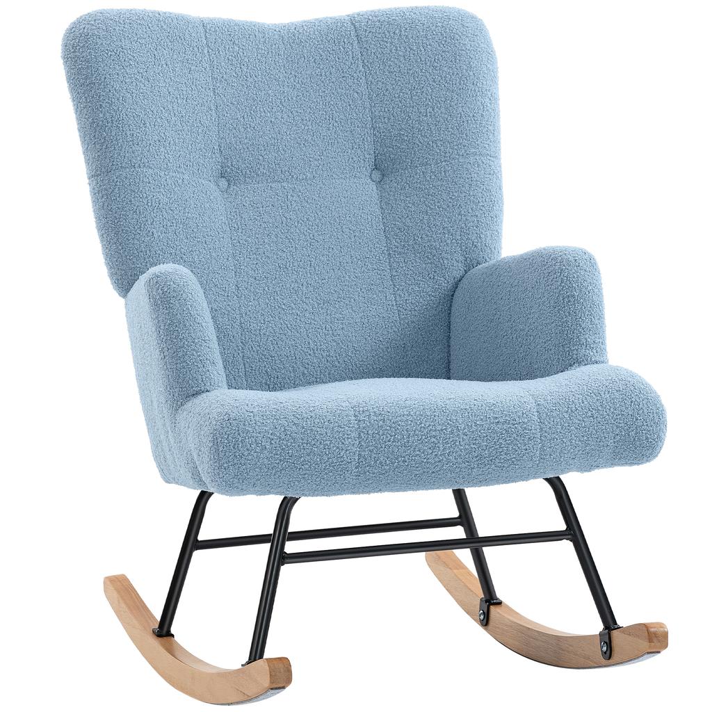 Velvet Teddy Rocking Chair With High Back Rubber Wood Legs Light Blue Armrests