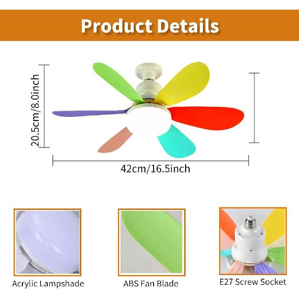 Socket Fan Light with Remote, Screw in Ceiling Fan LED Light Bulb 3 Colors Dimmable 3000K-6000K Quiet Fan for Indoor, Bedroom, Kitchen, Balcony, Home