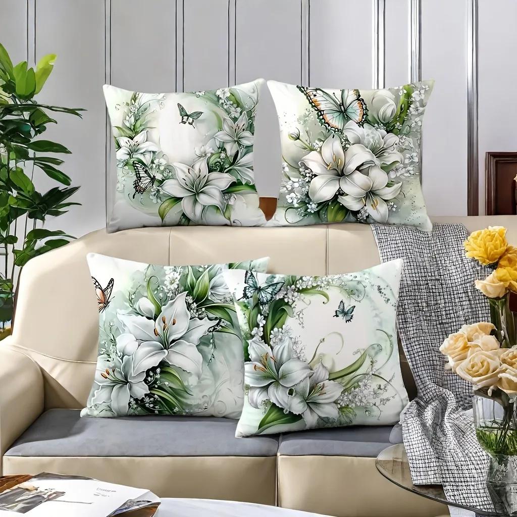 Lily Wreath And Butterfly Throw Pillow Coverbedroom Sofa Decorative Cushion Cover With Zipper Soft Cushion Cover