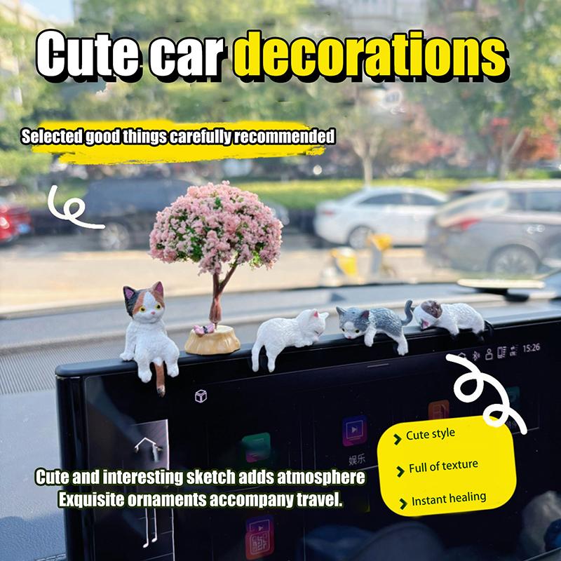 1 Set Auto Screen Edge Decoration Cute Mini Cartoon Cat Car Ornaments Micro Landscape Model Creative Car Accessories Gifts