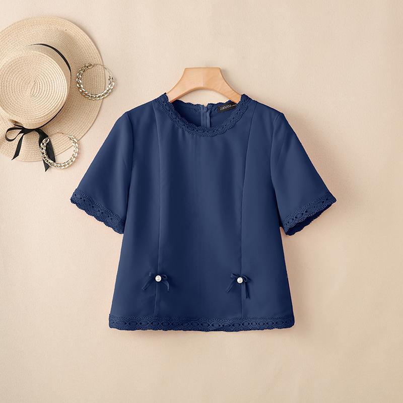 ZANZEA Women Lace Splice Round Neck Casual Short Sleeve Blouse