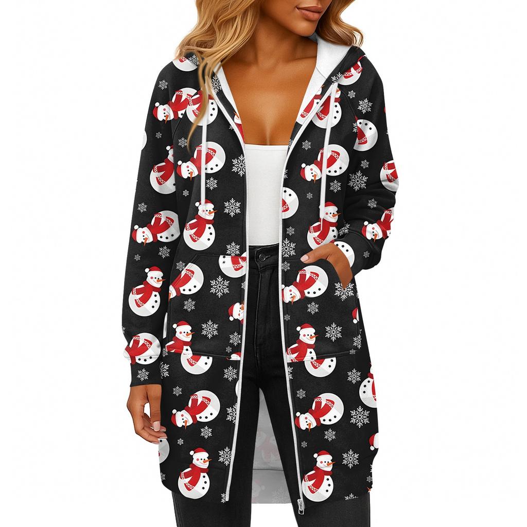 Women's Fashionable Christmas Printed Long Sleeved Drawstring Hooded Zipper Pocket Long Casual Sweatshirt Jacket