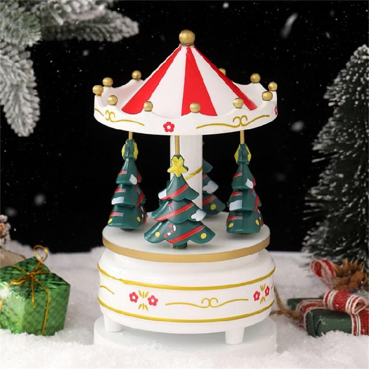 Artistic Christmas Tree Themed Rotating Music Box Wood Hand Cranked Musical Ornament For Holiday Seasonal Atmospheres