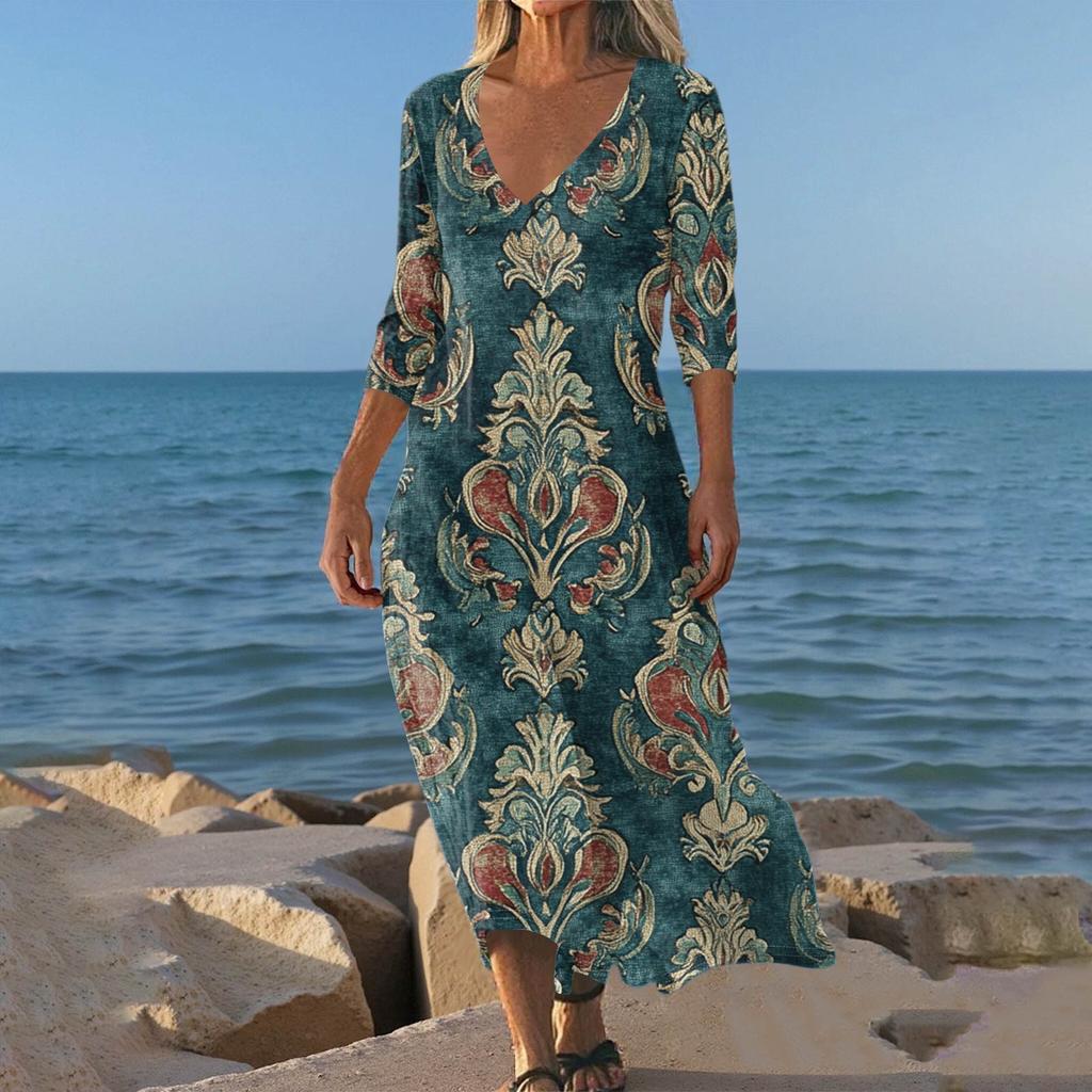 Dresses For Womens Vintage Print Tunic Waisted Midi Dress Summer Casual 3/4 Sleeve Dress
