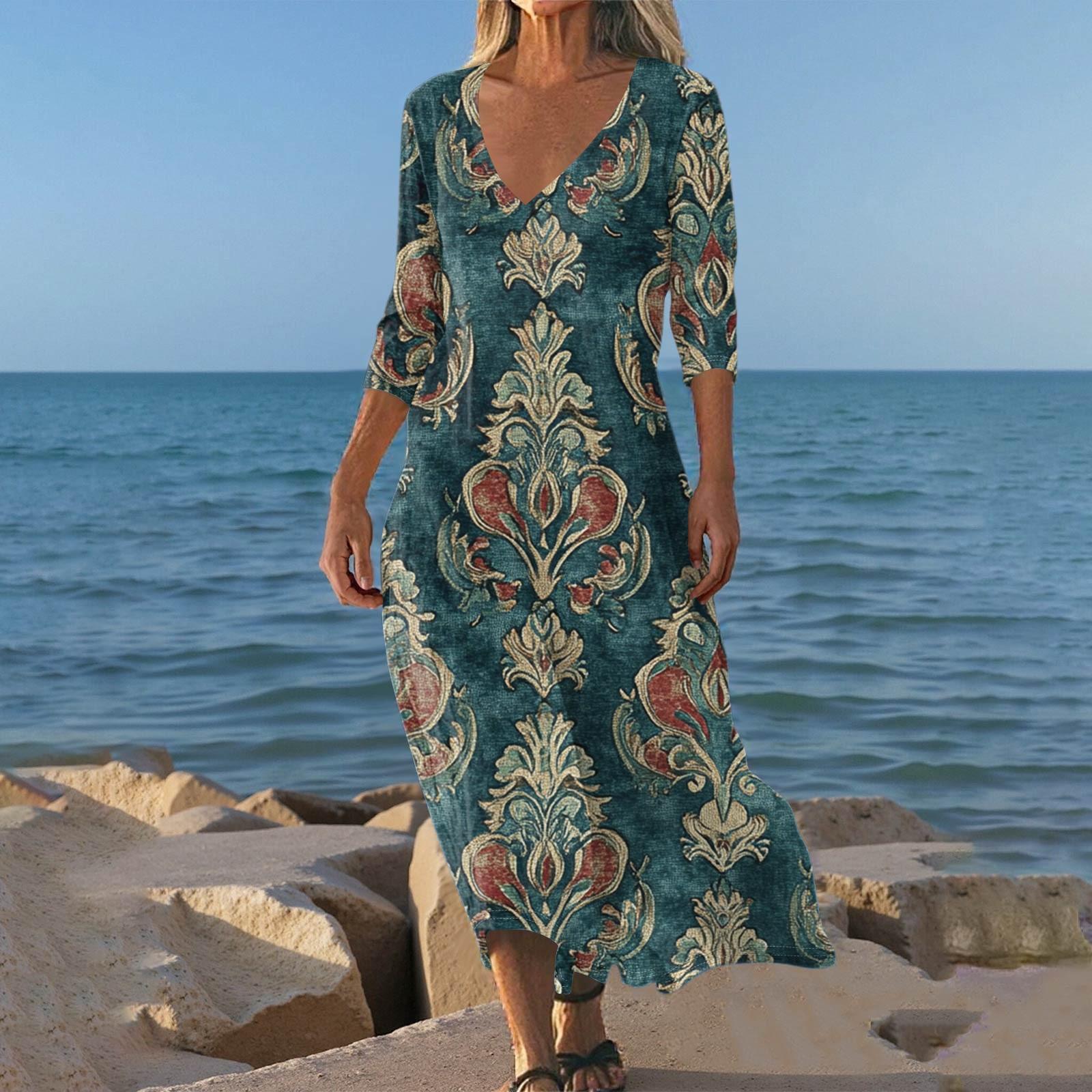 

Платья для женщин Винтажный принт Туника с завышенной талией Миди платье Летнее Повседневное платье с рукавом 3/4 XL тёмно-синий