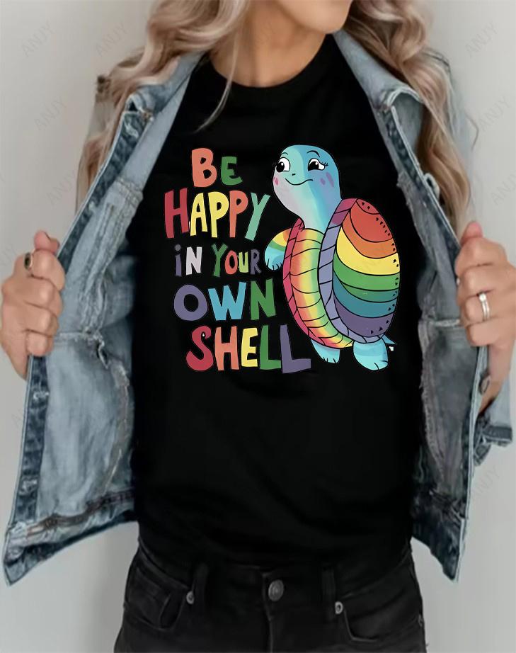 Healing Rainbow Turtle Printed Short Sleeve T-shirt Cute Cartoon Slogan Pure Cotton Unisex Vers