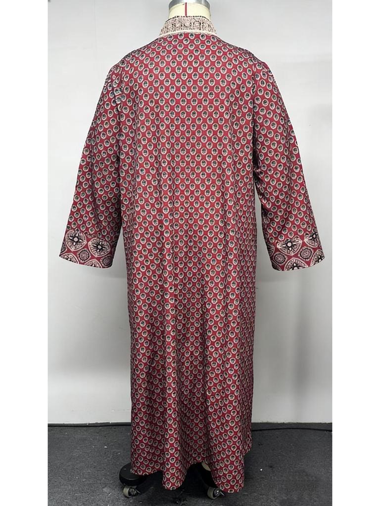 Middle Eastern Plus Size Red Floral V-Neck Long Dress with Retro Geometric Patterns and Elegant Ethnic Style