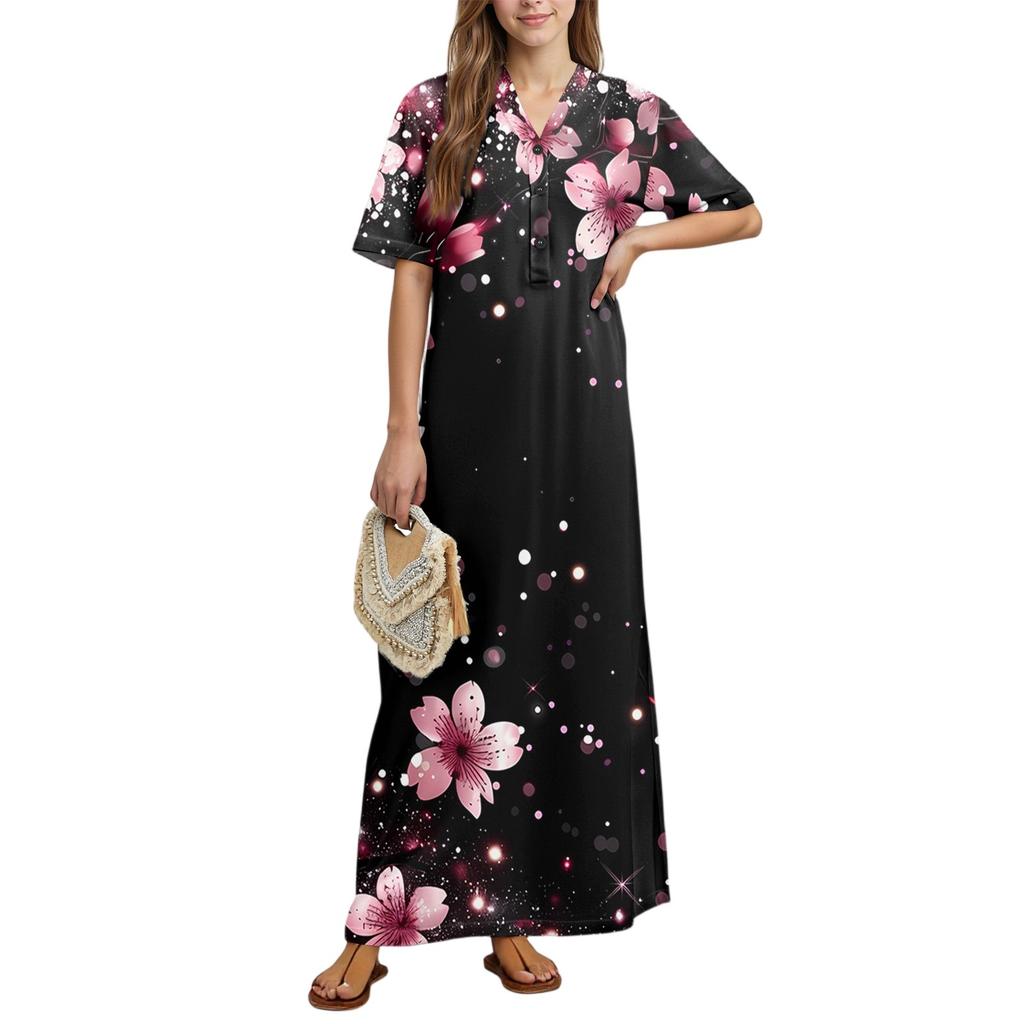 Women's Fashion Printed Nightgown Home Clothes Short Sleeve Nightgown With Pockets Long Dress