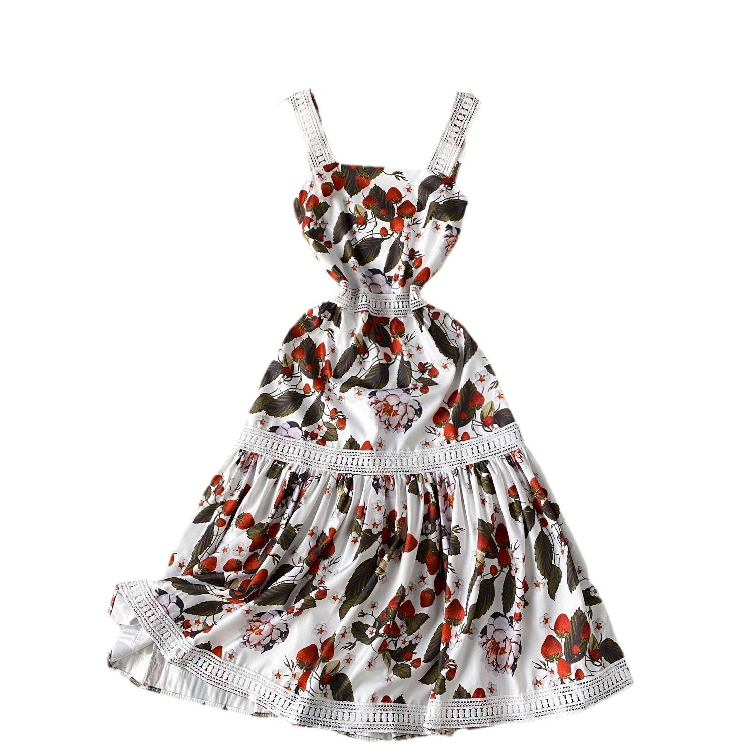 

Женские кружевные длинные платья с принтом на талии и бретельками для отдыха XL красный/белый