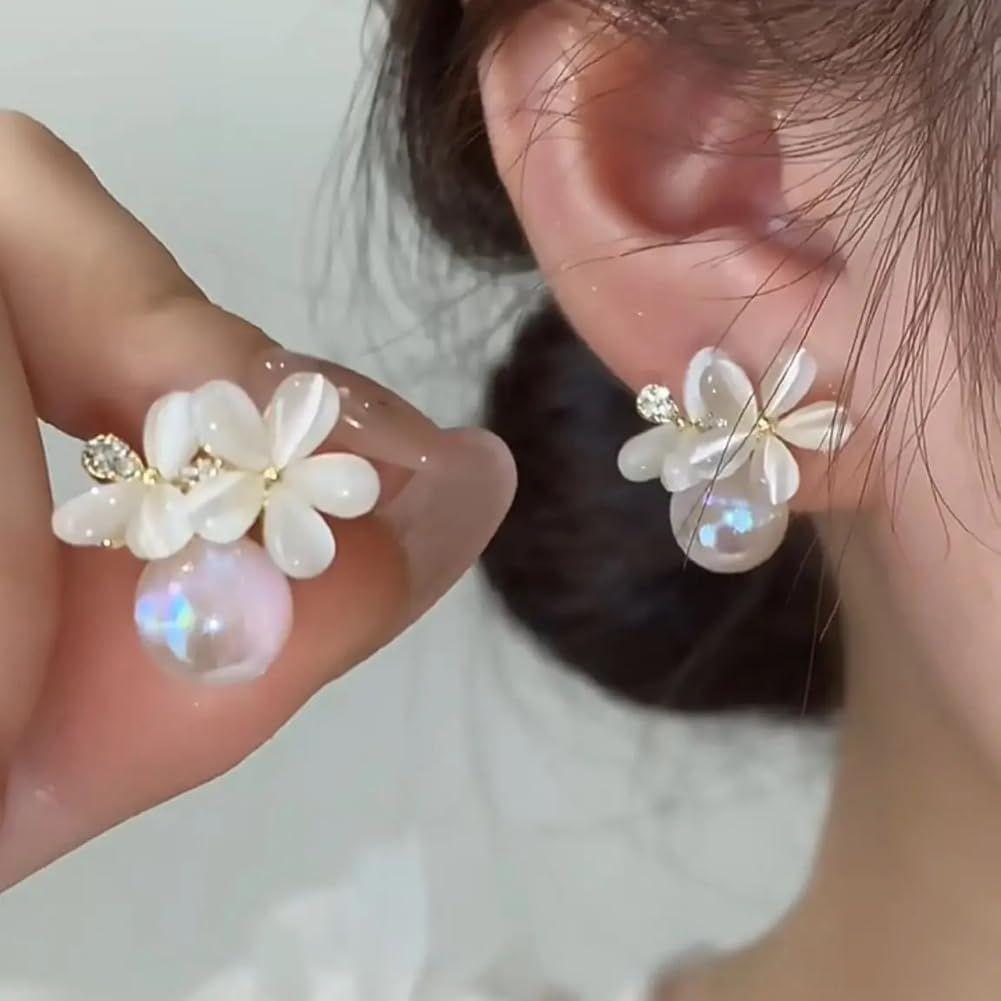 Latest Sweet Romantic Elegant White Flower Hoop Earrings | Stylish Shell Resin Delicate Pearl Flower Zircon Earrings | Trendy Versatile Jewellery