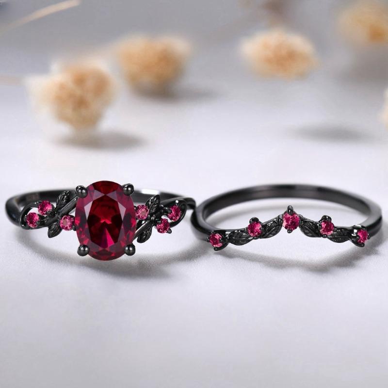 Europa, America, Coppia di Anelli da Donna Fashion Nero Opaco, Incastonati con Pietra Preziosa Rubino Scuro