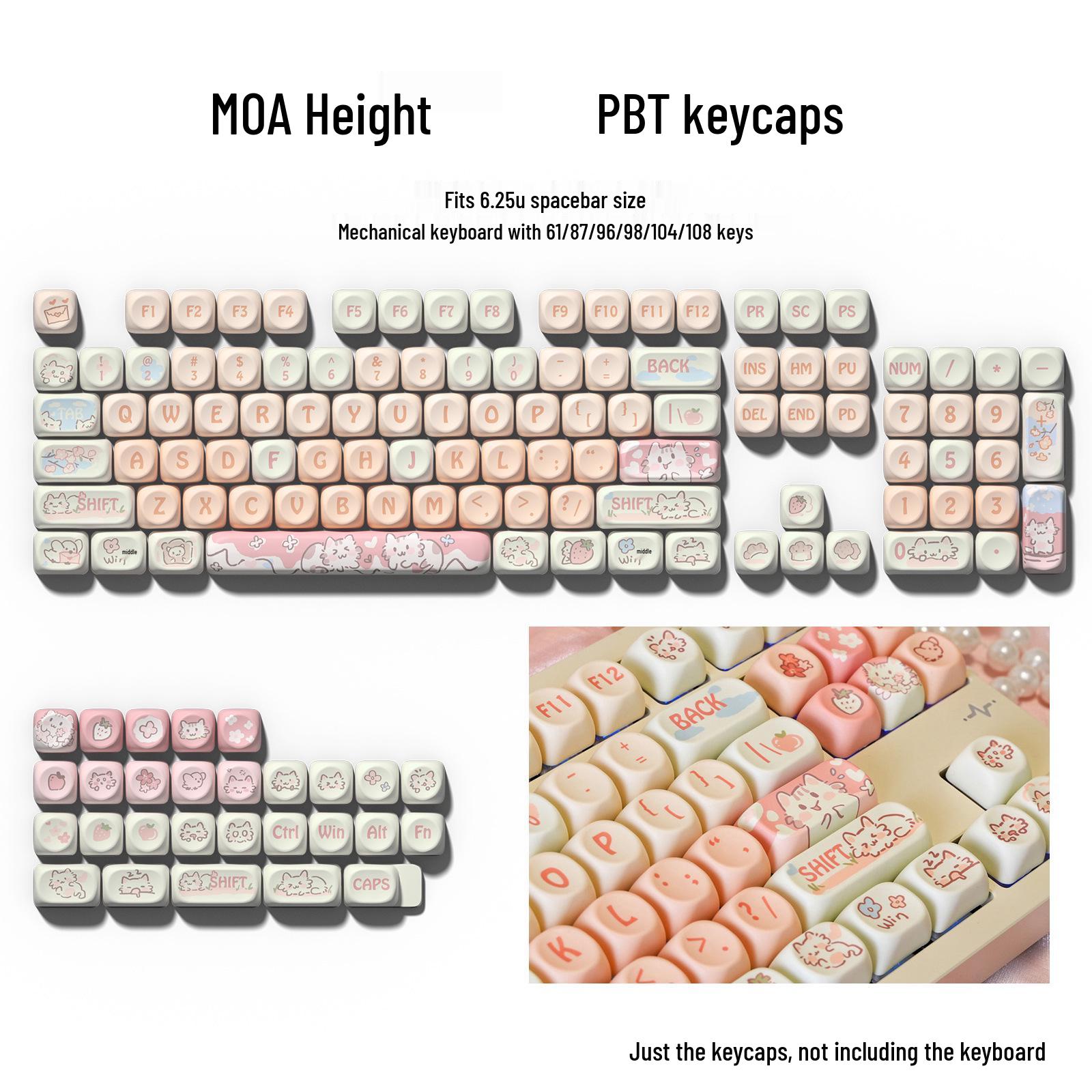 MOA Cute Pink Strawberry Kitten Keycaps Set for Mechanical Keyboards (75/98) Strawberry Kitten - Bag